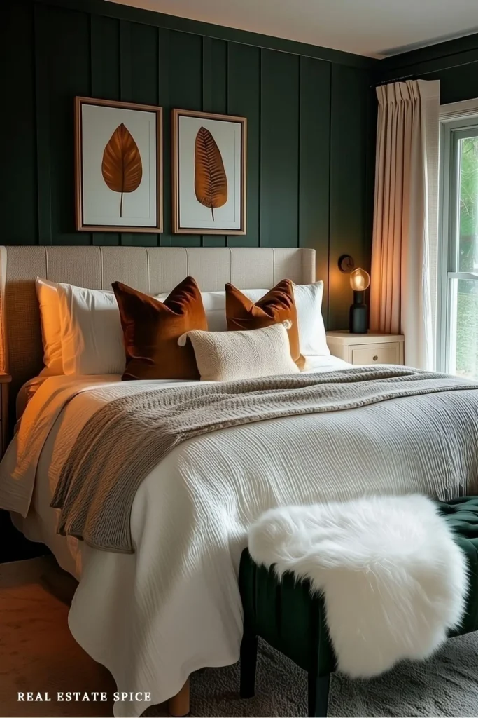 Small bedroom with a deep green paneled accent wall, neutral bedding, and botanical artwork