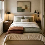 Small couples bedroom with different bedside solutions and a space-saving pocket door