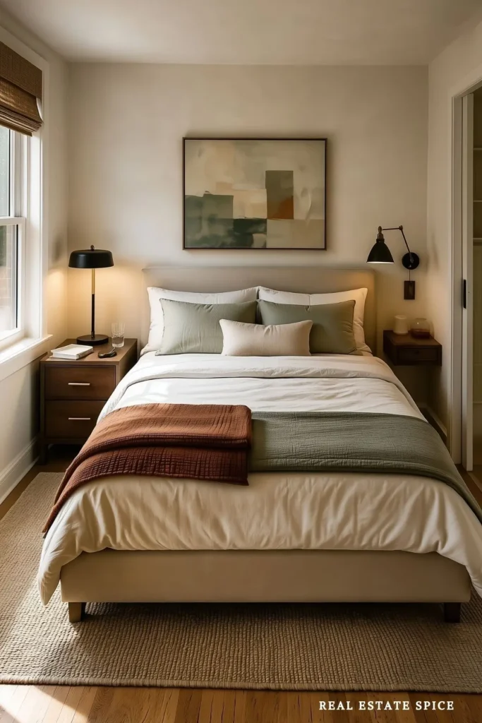 Small couples bedroom with different bedside solutions and a space-saving pocket door