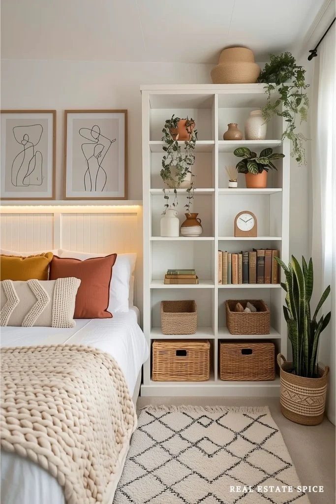 Small modern bedroom with tall wall shelving, storage baskets, plants, and wall-mounted bedside lighting