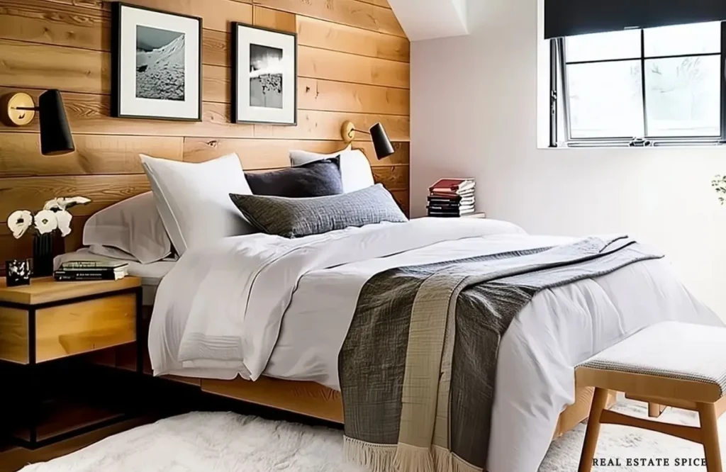 Small modern bedroom with warm wood walls, wall-mounted lights, simple furniture, and white bedding