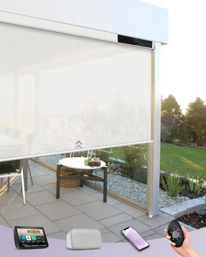 Solar Powered Motorized Outdoor Shades with remote and voice operated options