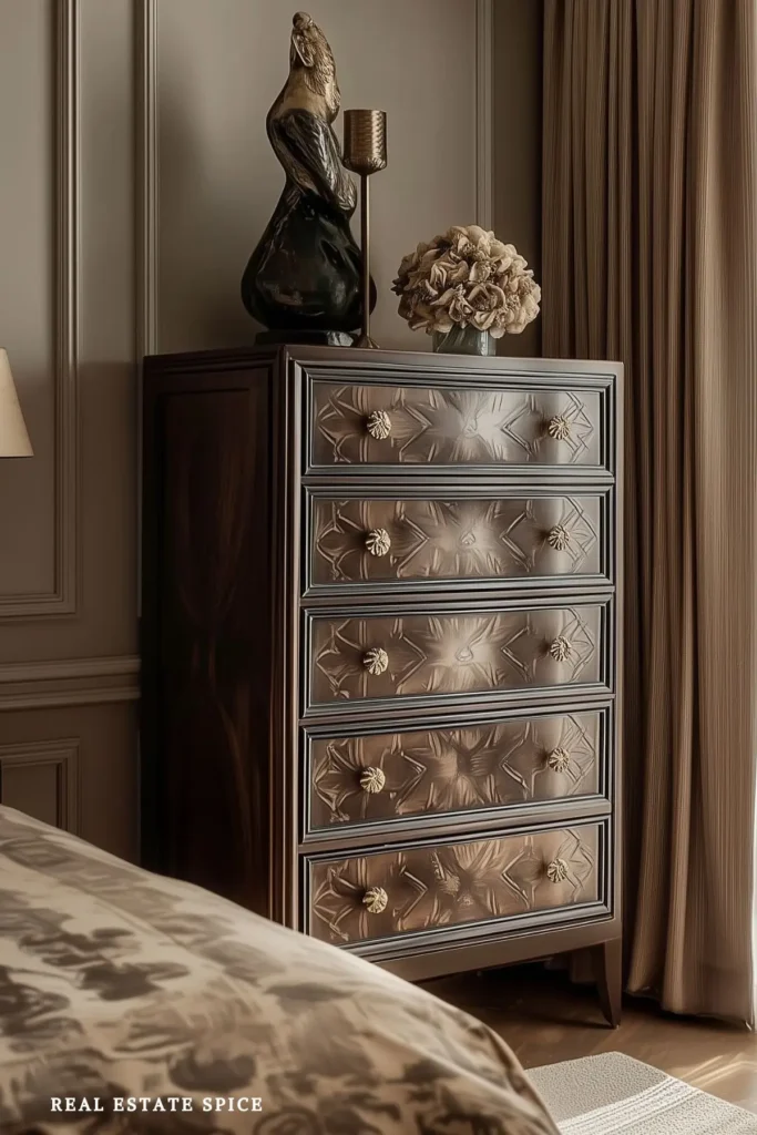 Tall narrow five-drawer dresser beside a bed in a small bedroom