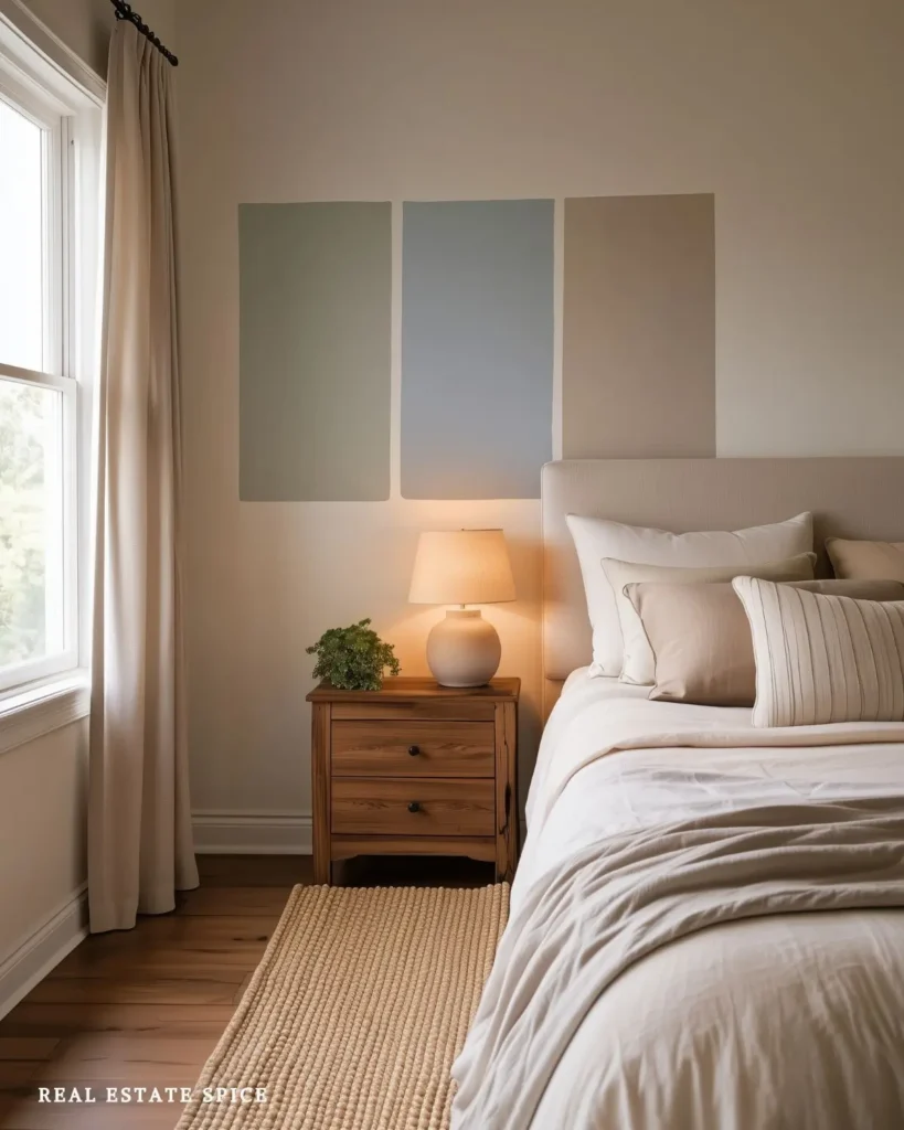 Three large bedroom paint samples in muted sage, soft blue-gray, and warm taupe beside cream bedding, a natural-fiber rug, and a glowing bedside lamp