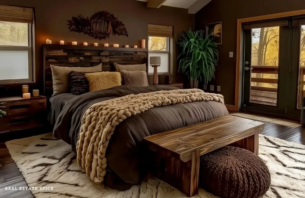 Warm bedroom for couples with soft layered bedding, candlelight, a wood bench, and autumn views