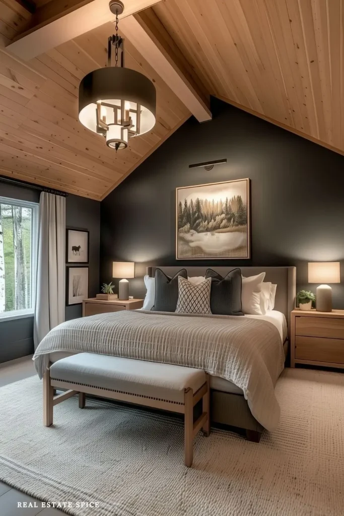 Warm couples bedroom with a vaulted wood ceiling, dark accent wall, paired bedside lamps, nightstands, and an upholstered bench