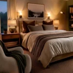 Warm evening couples bedroom with bedside lighting, a reading chair, throw blanket, and bookshelf
