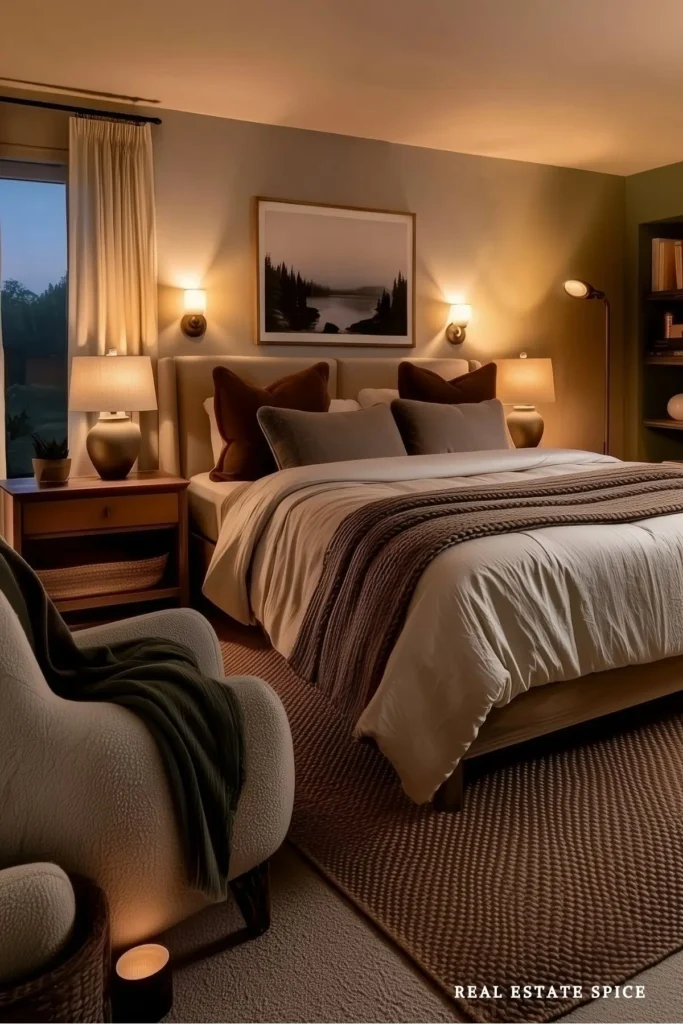 Warm evening couples bedroom with bedside lighting, a reading chair, throw blanket, and bookshelf