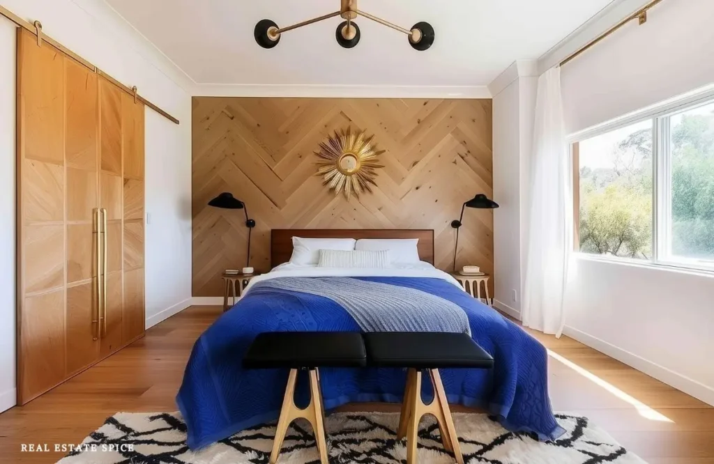 Warm modern bedroom design with a chevron wood accent wall, blue bedding, sliding wood doors, and black light fixtures