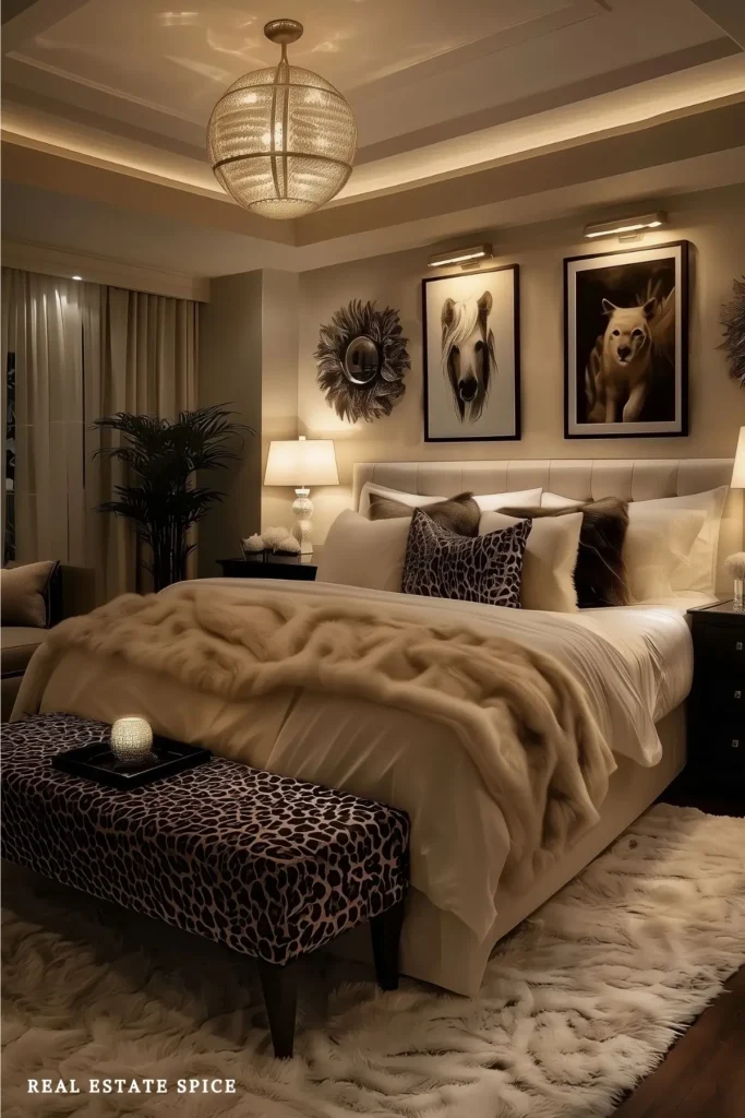 Warm modern bedroom with a ceiling fixture, recessed lighting, picture lights, and bedside lamps