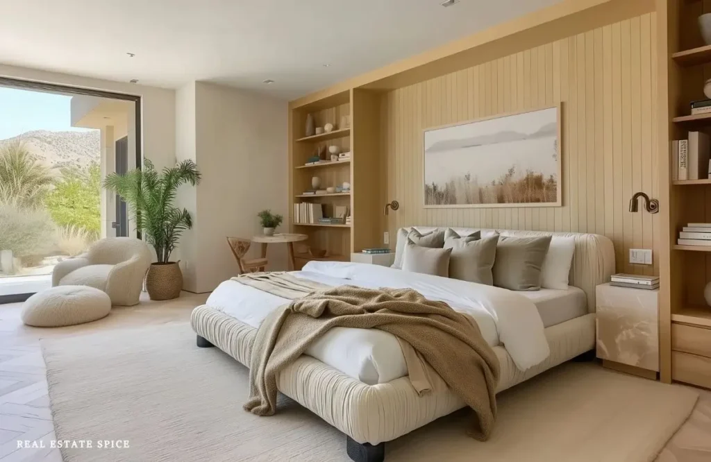 Warm modern bedroom with a low upholstered bed, built-in shelves, a curved chair, and open walking space around the furniture