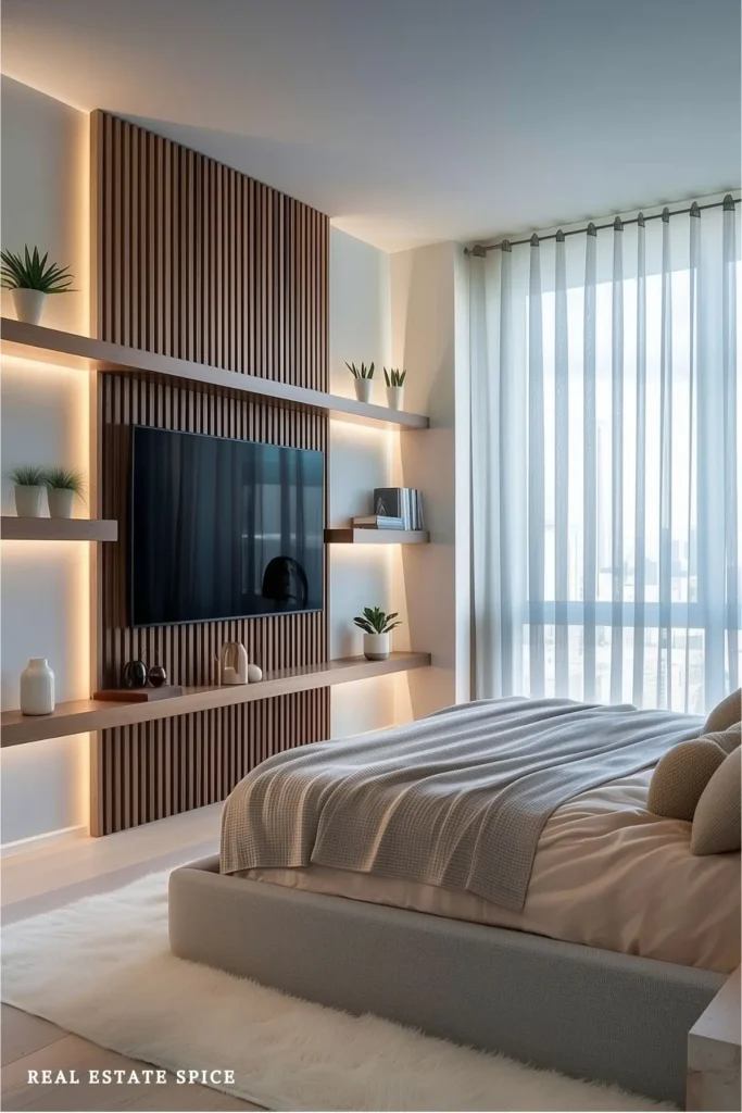 Warm modern bedroom with a wood-slat TV wall, built-in lighting, soft gray bedding, and a plush area rug