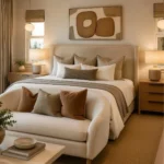 Warm modern bedroom with centered abstract artwork, an upholstered bed, nightstands, and pendant lights
