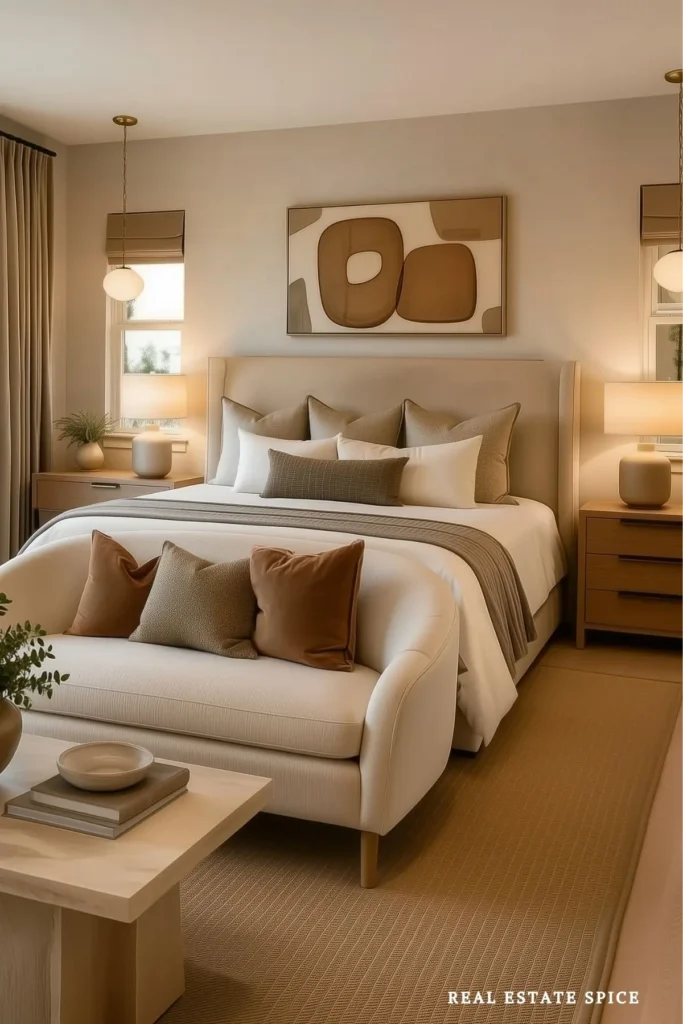 Warm modern bedroom with centered abstract artwork, an upholstered bed, nightstands, and pendant lights