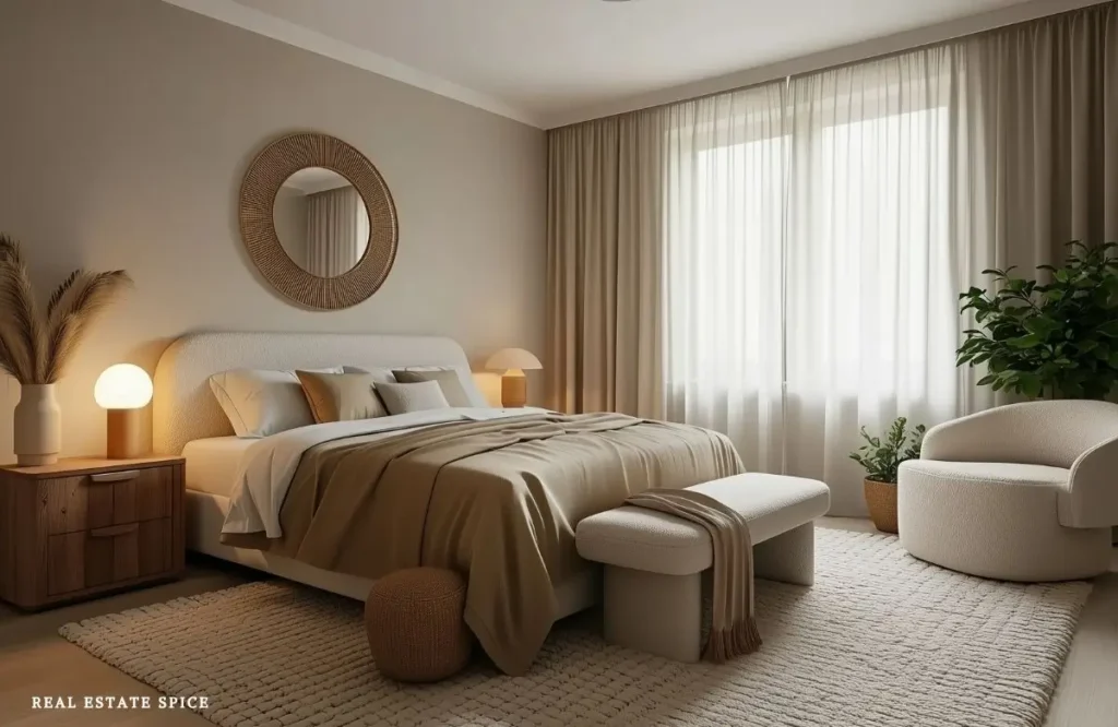 Warm modern bedroom with curved furniture, neutral bedding, wood nightstand, woven mirror, and large windows