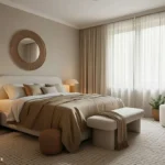 Warm modern bedroom with curved furniture, neutral bedding, wood nightstand, woven mirror, and large windows