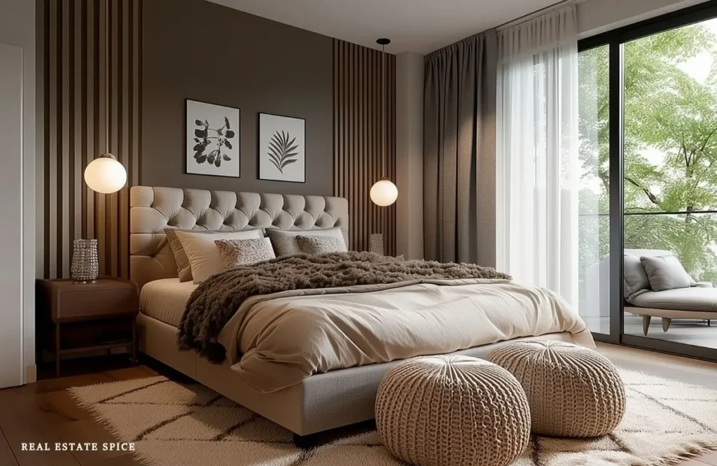 Warm modern bedroom with full-length curtains, a patterned area rug, and globe pendant lights