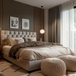 Warm modern bedroom with full-length curtains, a patterned area rug, and globe pendant lights