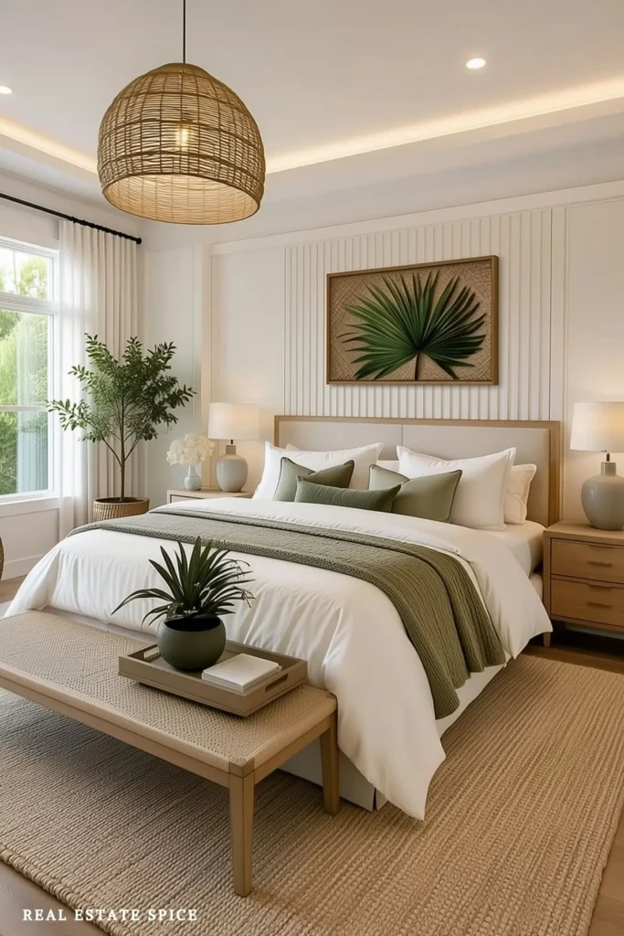 Warm modern bedroom with natural wood furniture, olive-green bedding, greenery, and a woven pendant light