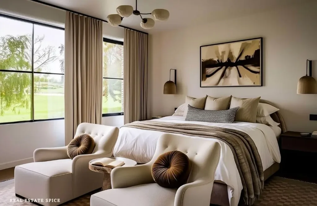 Warm neutral bedroom design for couples with an upholstered bed, bedside sconces, and two cream armchairs