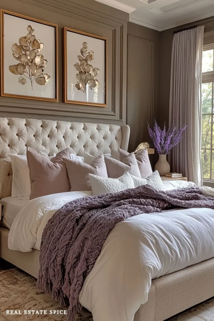 Warm neutral bedroom with cream bedding, taupe walls, rust-orange pillows, and a cozy reading chair