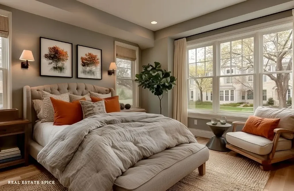 Warm neutral bedroom with taupe walls, cream bedding, wood furniture, and rust-orange accent pillows