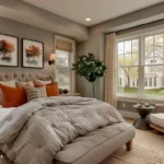 Warm neutral bedroom with taupe walls, cream bedding, wood furniture, and rust-orange accent pillows