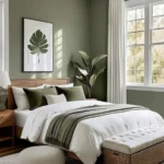 Woven storage bench with an upholstered top at the foot of a bed in a green bedroom