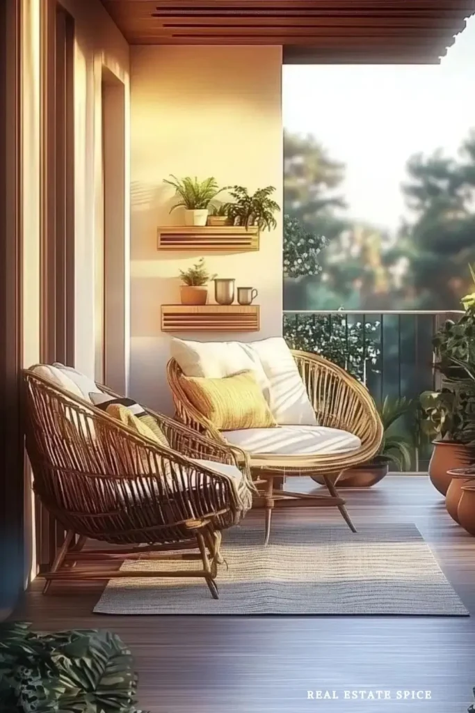 apartment patio with two chairs outdoor rug potted plants shelves with plants