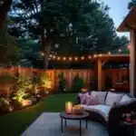 backyard area with light along fencing patio with outdoor sofa table with lights string lights