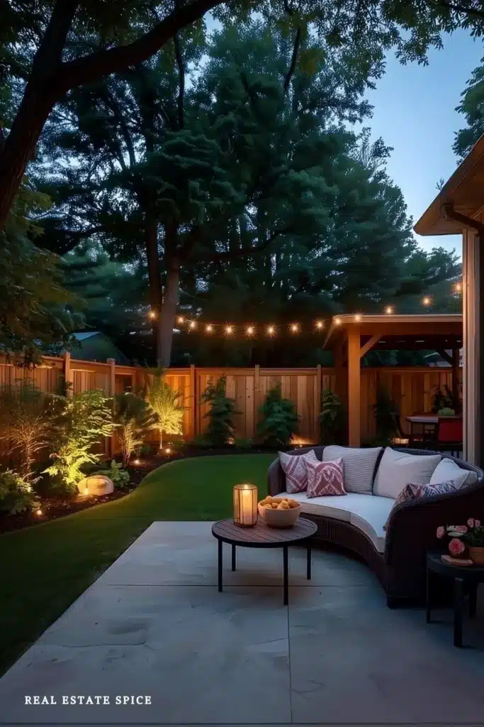 backyard area with light along fencing patio with outdoor sofa table with lights string lights