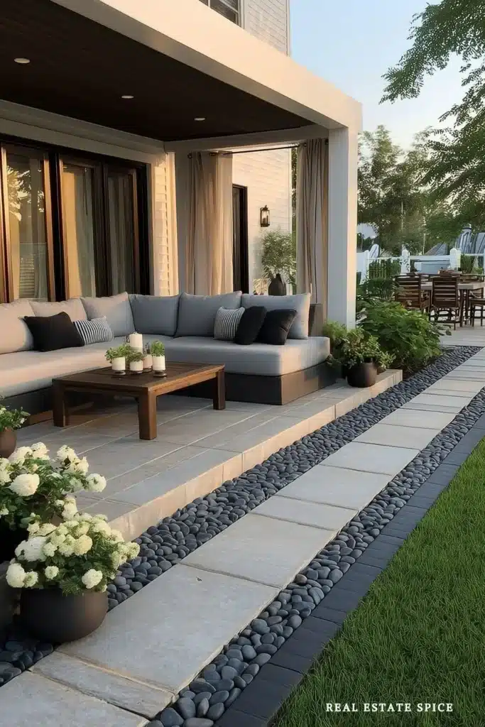 backyard covered patio with curtains and beautifully designed edge around patio