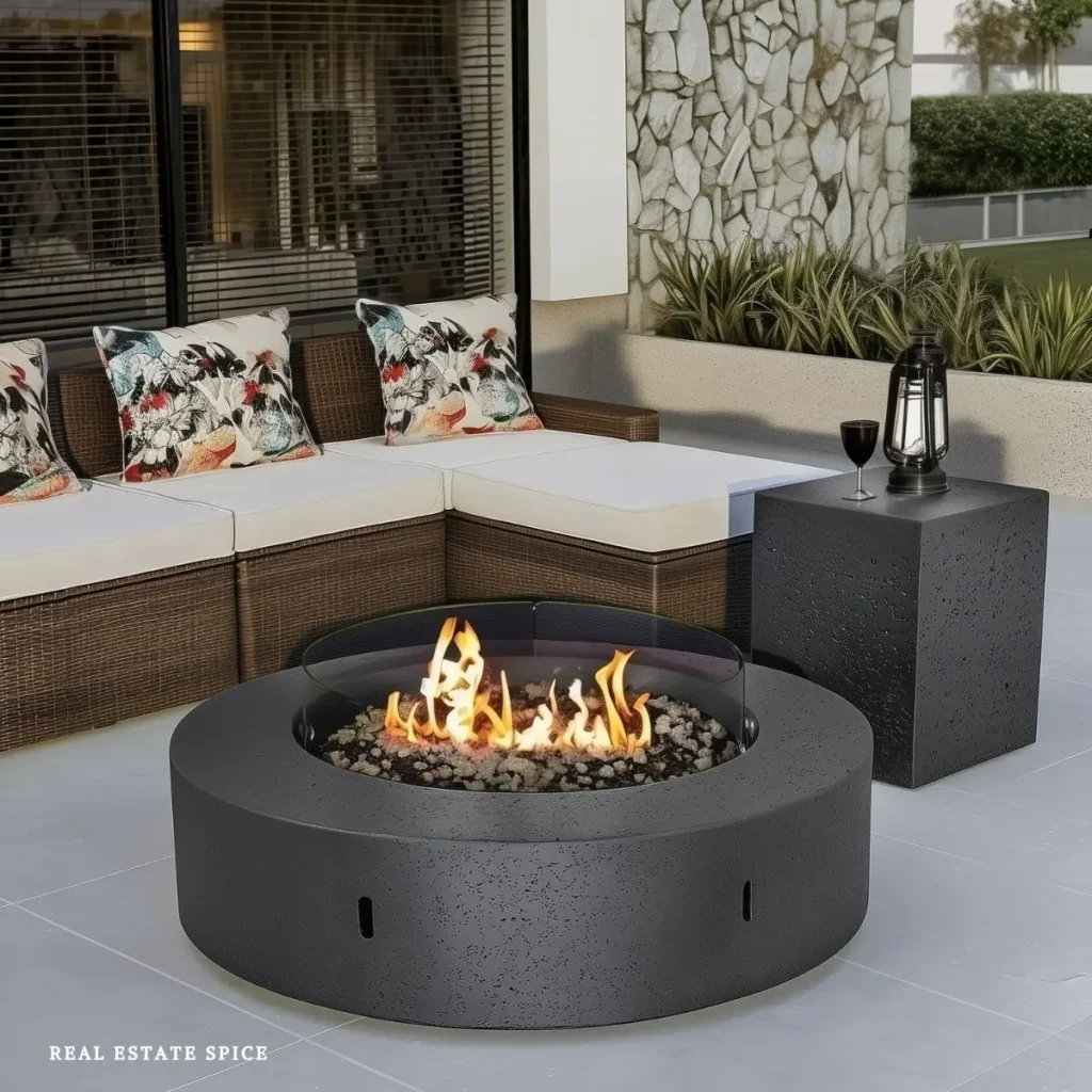 backyard fire pit oasis with round propane fire pit table