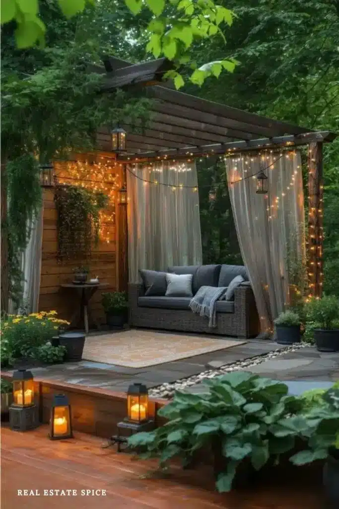 backyard ideas patio area with pergola outdoor sofa lanterns string lights curtains
