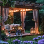 backyard oasis outside table pavilion string lights and lanterns