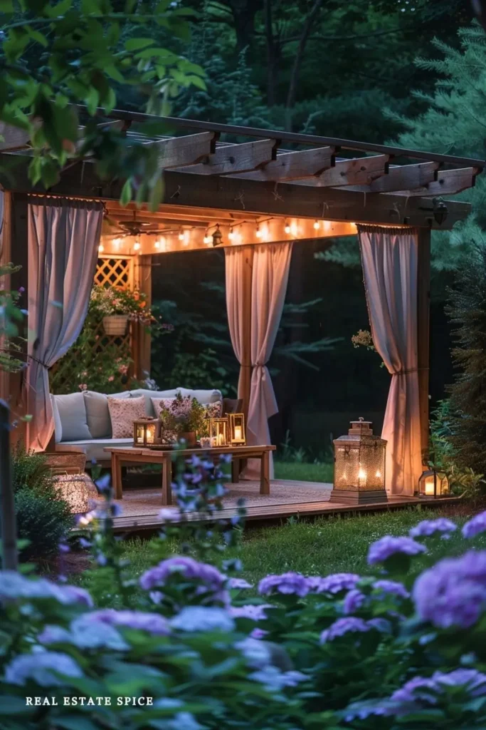 backyard oasis outside table pavilion string lights and lanterns