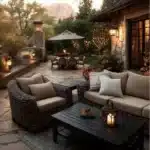 backyard oasis with coffee table in seating area