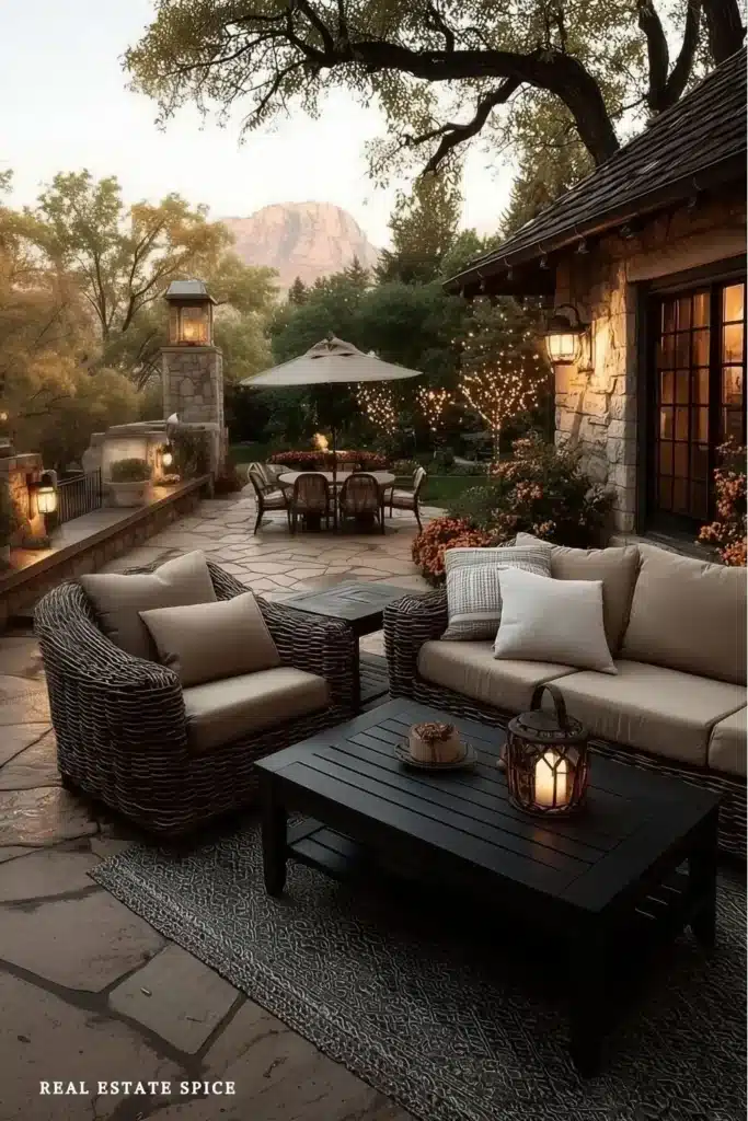 backyard oasis with coffee table in seating area