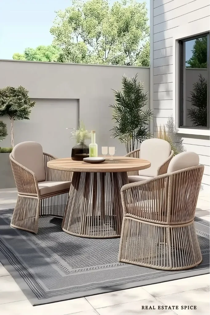 backyard patio with a dinette set with chairs round table area rug underneath
