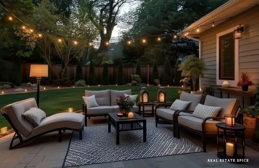 backyard patio with lighting string lights candles lanterns outdoor floor lamp garden lights patio furniture