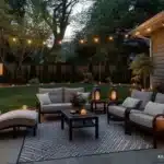 backyard patio with lighting string lights candles lanterns outdoor floor lamp garden lights patio furniture