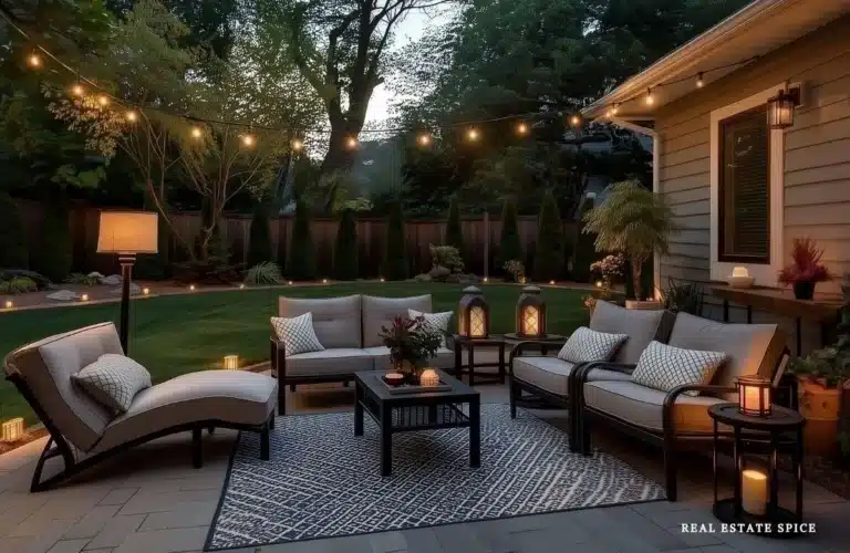 backyard patio with lighting string lights candles lanterns outdoor floor lamp garden lights patio furniture