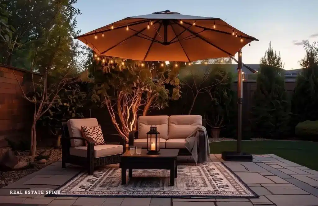 backyard patio with outdoor umbrella with string lights patio chairs outdoor table underneath at sunset