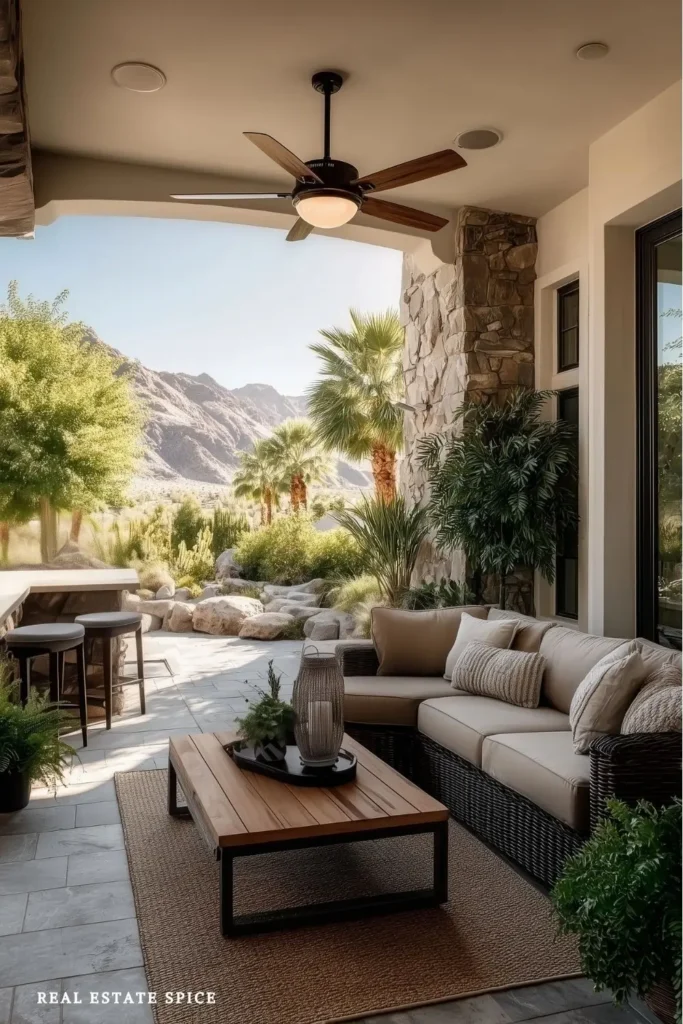 backyard patio with overhead lighting ceiling fan with light on ceiling