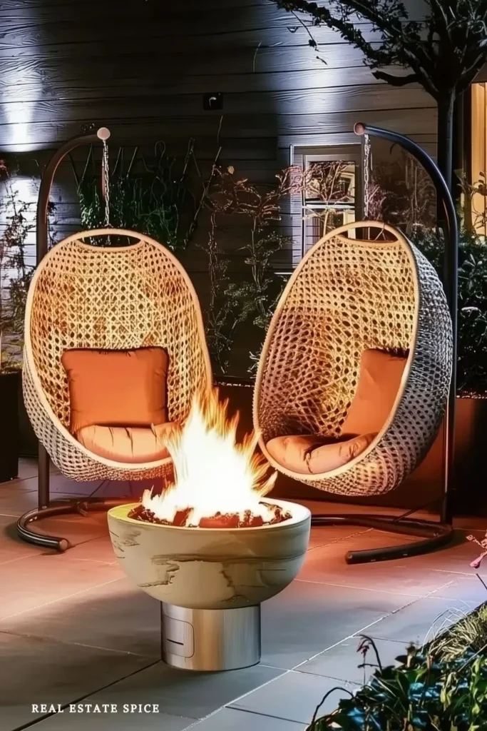 backyard patio with two egg chairs and a small round propane fire pit
