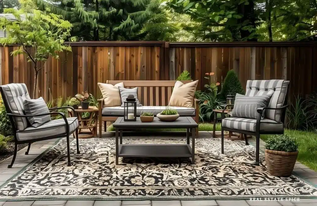backyard patio with wood bench and chairs