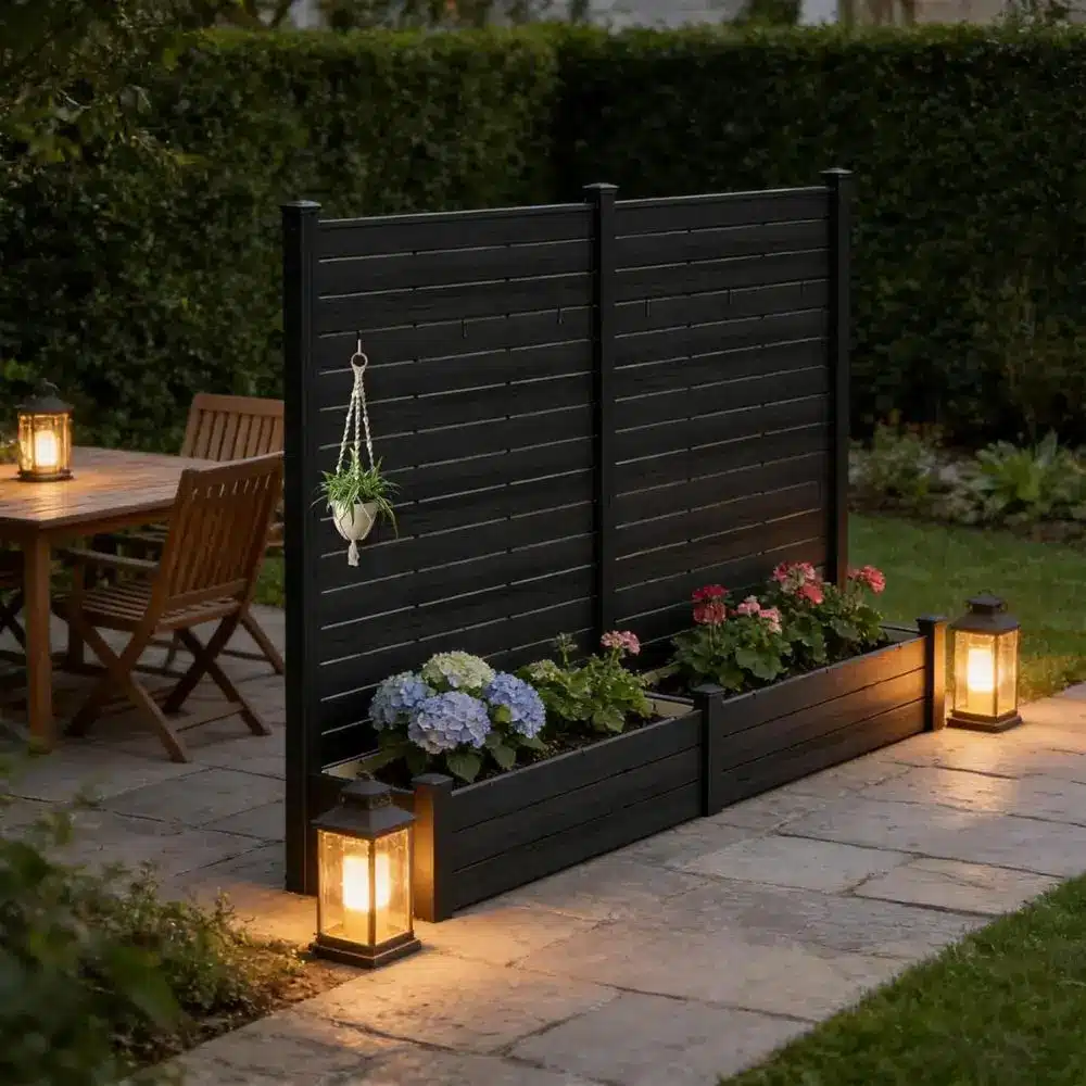 backyard privacy screen with planters