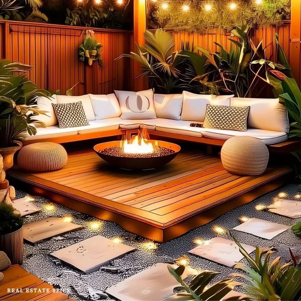 backyard privacy with outdoor sofa firepit string lights