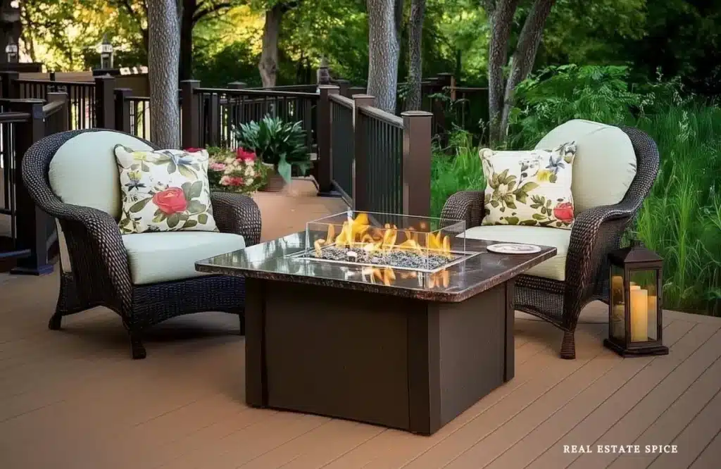 backyard rule of 3 fire pit table on tiered deck