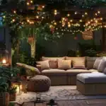 backyard rule of 3 small spaces with outdoor lounge seating string lights lanterns